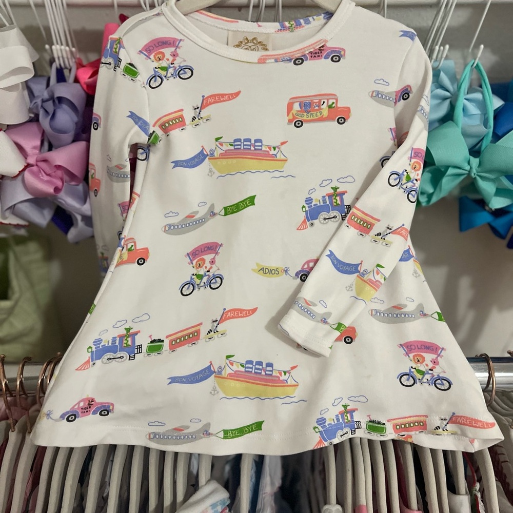 The Beaufort Bonnet Company Long Sleeve Polly Play Dress- Happy Travels 12-18M